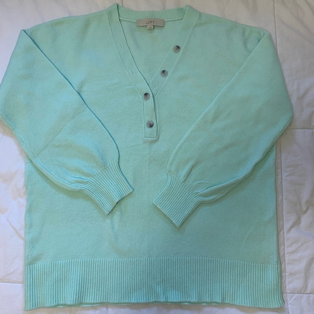 LOFT Light Green Buttoned V-Neck Sweater